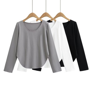 秋冬百搭垂感纯色打底衫 宽松慵懒风内搭 上衣 圆领不规则下摆长袖
