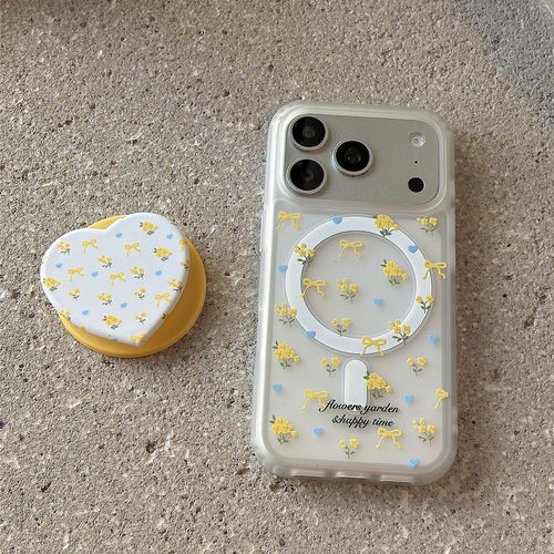日本DEMIU日韩黄色碎花蝴蝶结磁吸支架适用苹果17promax手机壳iPhone17pro新款16pro防摔保护套15pro磨砂肤感