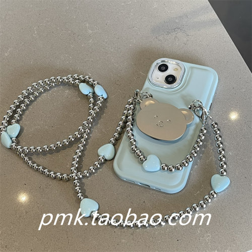 日本DEMIU日韩夏日清爽蓝小熊支架斜挎爱心适用苹果iPhone 17/15pro/14壳13promax少女链条套链背包式11
