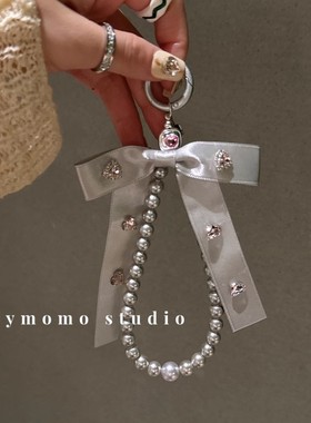 日本PAREO DOLL闪钻灰色蝴蝶结串珠手机链适用手机壳通用挂链链条