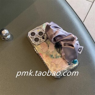 日本DEMIU春天清新绿色蝴蝶灰紫丝巾腕带适用苹果15promax手机壳iphone17新款 16带镜头膜高级感14弹力手提