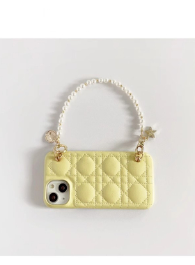 日本PAREO DOLL日韩亮黄色菱格皮质苹果14适用于iphone15promax壳13小众星星珍珠手提链条保护套2025年新款女