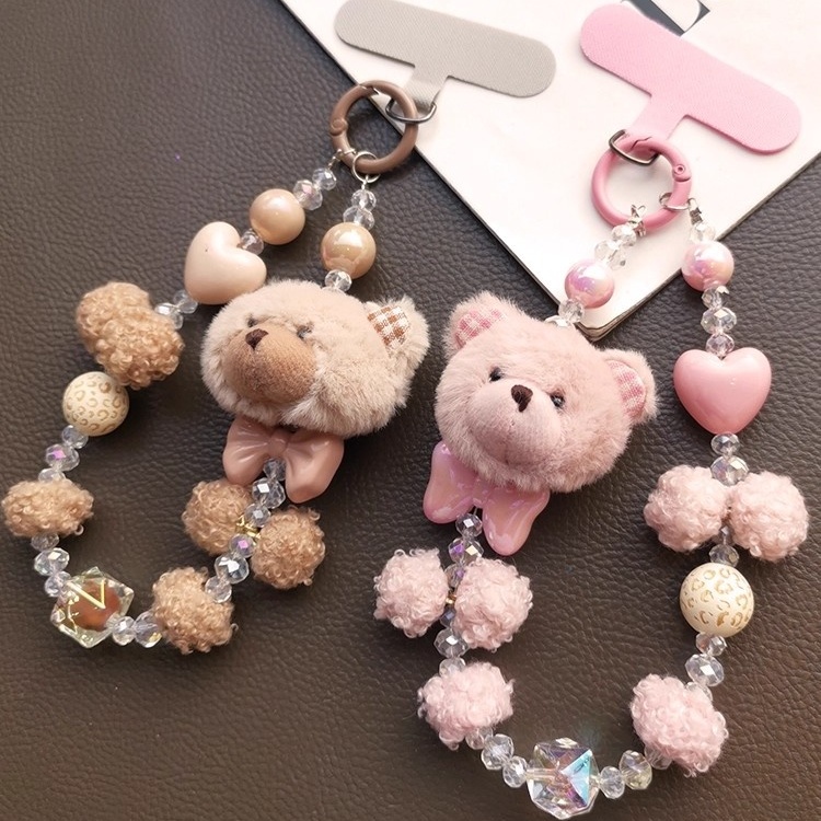 日本PAREO DOLL手机挂绳毛绒绒小熊手腕短款时尚个性女手提链通用