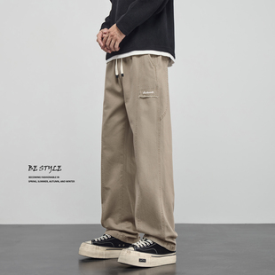 直筒工装休闲裤男士春秋宽松阔腿日系大码长裤棉布卡其男裤子新款