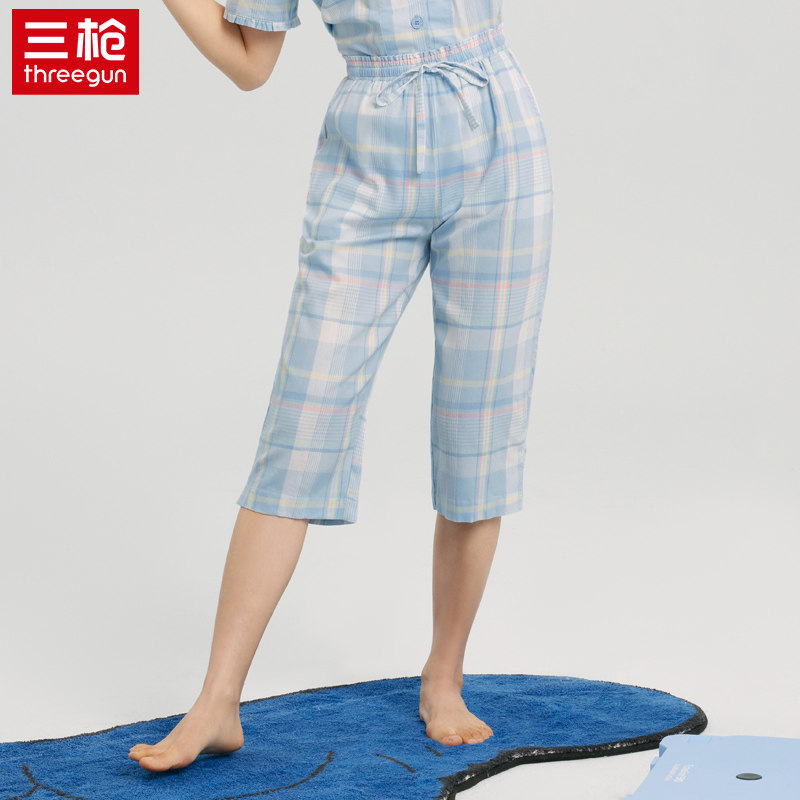 三枪纯棉女夏季睡裤轻薄可外穿七分裤格子宽松休闲家居裤系绳裤子