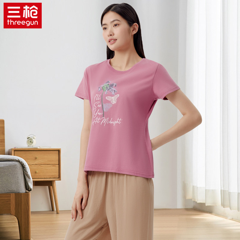 三枪女夏季短袖纯棉打底衫全棉圆领甜美水柔棉透气休闲薄款t恤