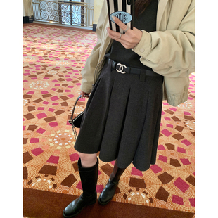阿一 高智百褶裙 灰色毛呢半身裙女秋季气质显瘦裙子中长款a字裙