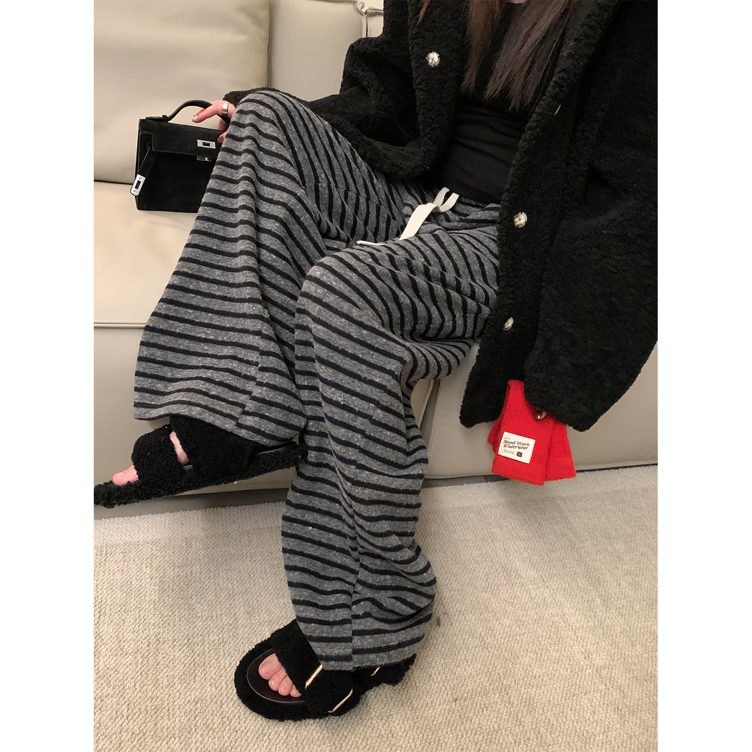 阿一舒适慵懒风灰色条纹阔腿裤女秋冬高腰直筒裤子加绒休闲针织裤