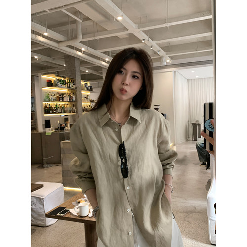 阿一 100天然亚麻 松弛感休闲长袖衬衫女秋季薄款棉麻百搭衬衣