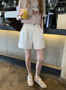 阿一 天丝亚麻 明线褶袍a字短裤女夏季薄款休闲白色西装五分裤子