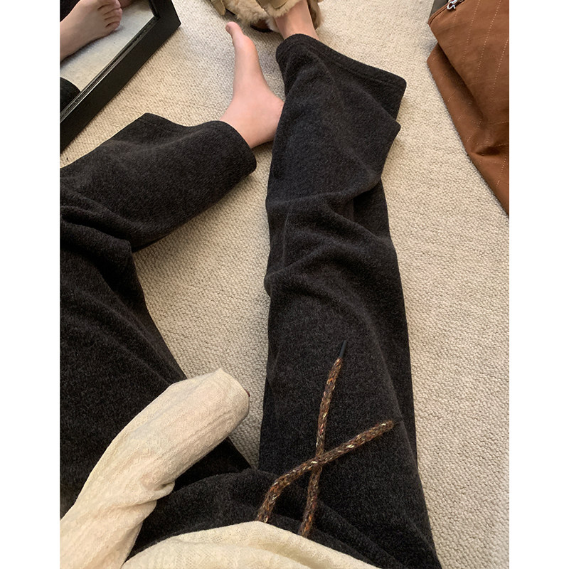 阿一松紧腰糯米休闲裤女秋冬高腰阔腿裤子宽松深灰色加绒直筒裤子