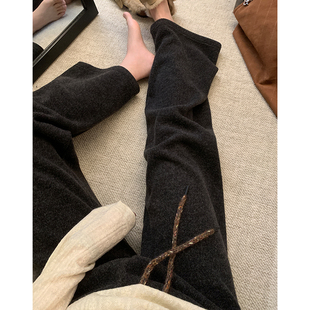 阿一松紧腰糯米休闲裤女秋冬高腰阔腿裤子宽松深灰色加绒直筒裤子