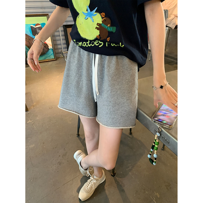 阿一 松弛卷边溜达裤 松紧腰宽松灰色短裤女夏季休闲运动五分卫裤