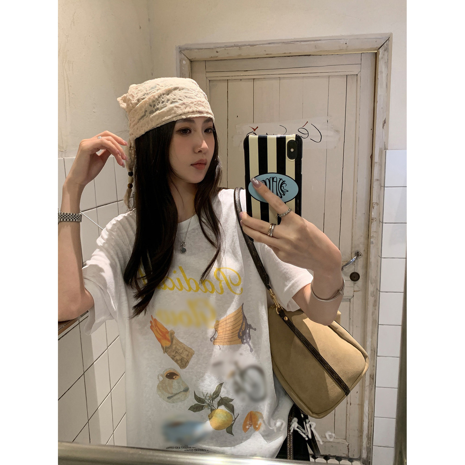 阿一 透气天然雪花棉印花t恤女夏季宽松显瘦百搭休闲白色短袖上衣