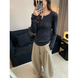 阿一 舒适chic 羊毛显瘦亨利领上衣女秋季纯色打底针织上衣
