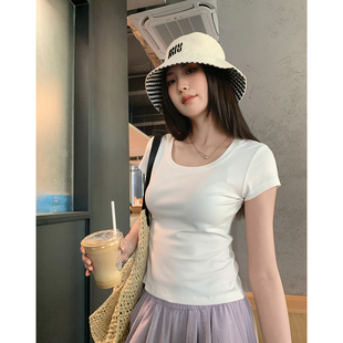 阿一 夏日掐腰修身显瘦U领t恤女夏季紧身纯色正肩白色短袖上衣