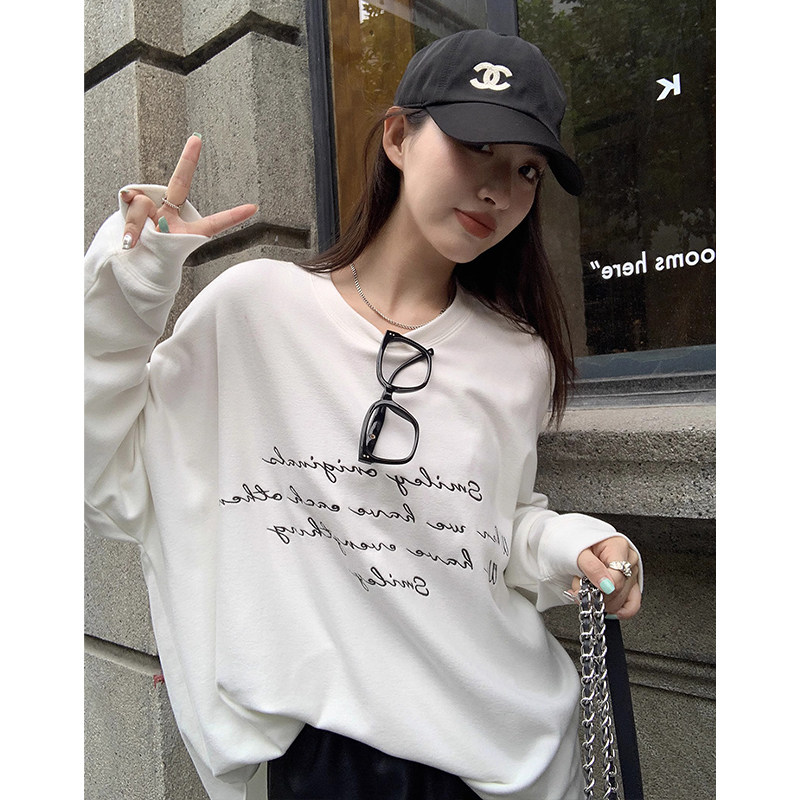 阿一 德绒字母打底衫女秋季内搭宽松休闲印花圆领白色长袖t恤上衣