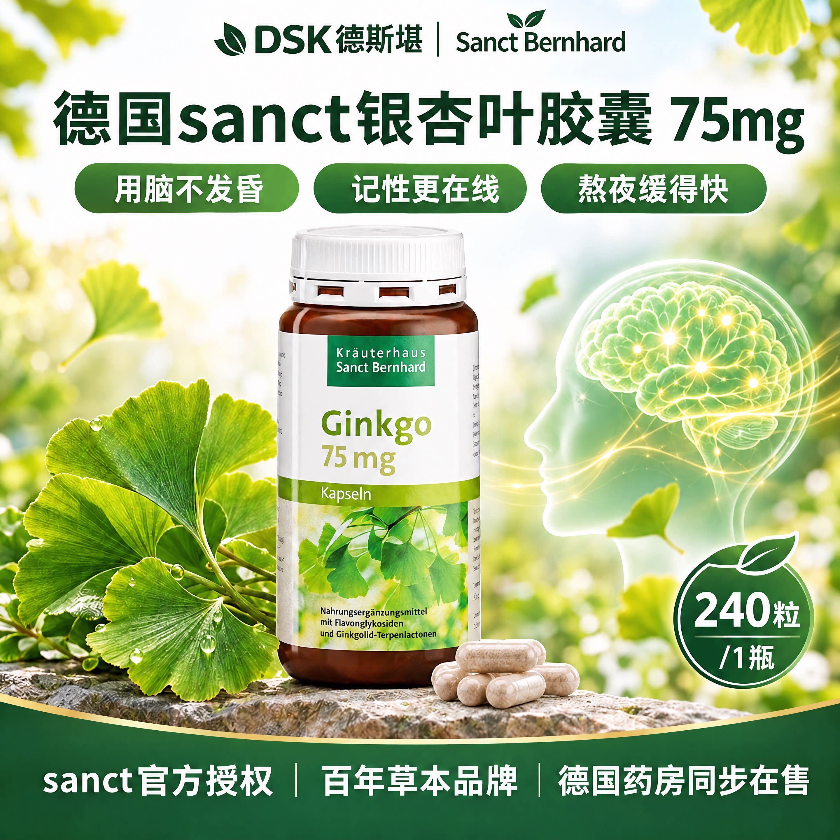 德国原装sanct银杏叶提取物精华胶囊中老年补充脑活素营养记忆力