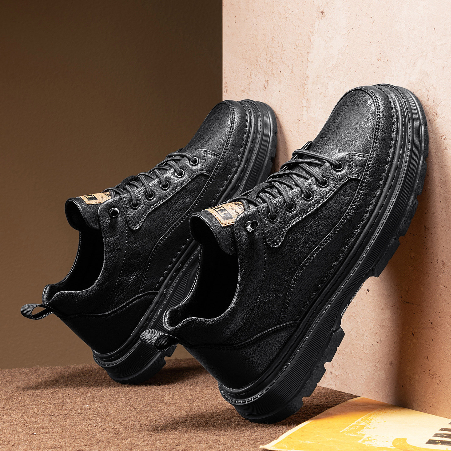 莆田男鞋2025秋冬新款黑色休闲皮鞋男士正装真皮运动低帮马丁靴男
