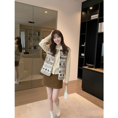 秋冬复古费尔岛马甲毛衣两件套