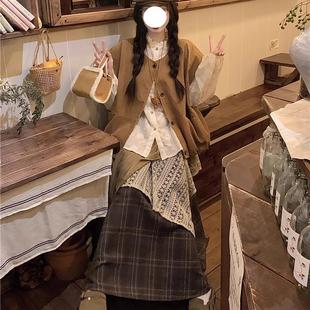 复古慵懒风马甲衬衫 新款 拼接半身裙三件套 女秋季 日系文艺森系套装