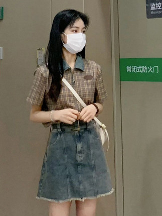 时尚套装女夏款小个子甜辣格子短袖上衣复古牛仔包臀半身裙两件套