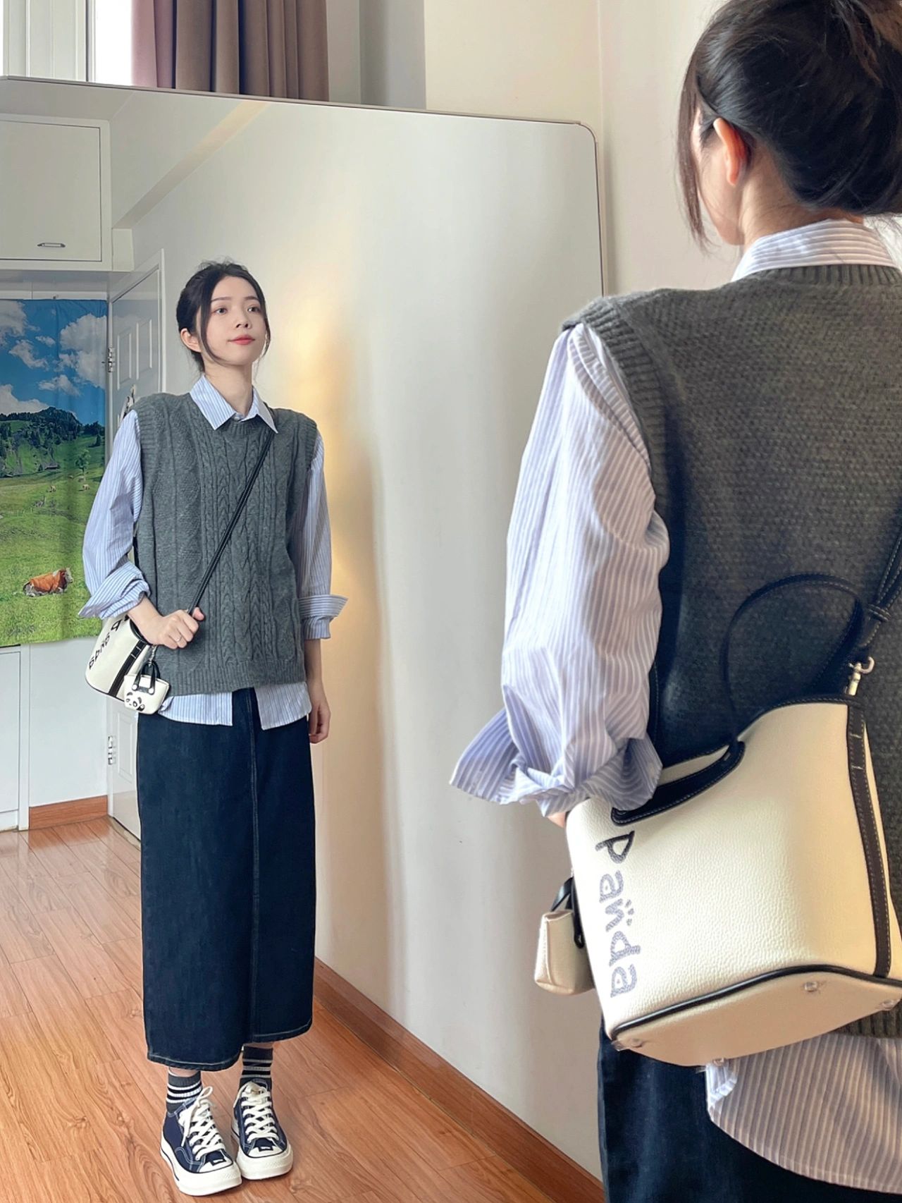 时尚套装女初秋新款慵懒风坎肩针织背心毛马甲条纹衬衫上衣两件套