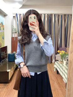 时尚套装女秋季新款小个子坎肩马甲学院风针织背心条纹衬衫两件套