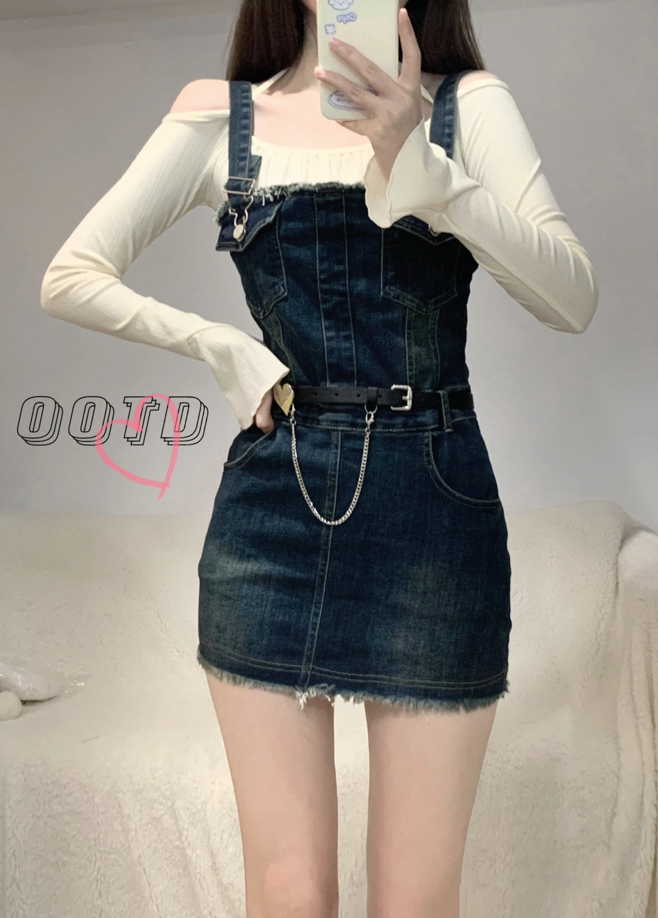 背带裙套装女夏新款复古chic包臀短裙收腰牛仔裙连衣裙裙子两件套