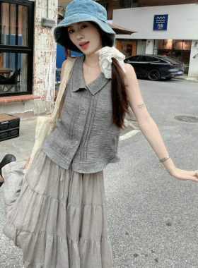 夏日清冷系穿搭套装女2025新款禅意无袖褶皱衬衫半身裙灰色两件套
