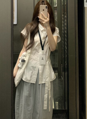 学院风小众极简穿搭套装女夏季2025新款绑带白色衬衫半身裙两件套