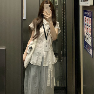 半身裙两件套 学院风小众极简穿搭套装 女夏季 2025新款 绑带白色衬衫