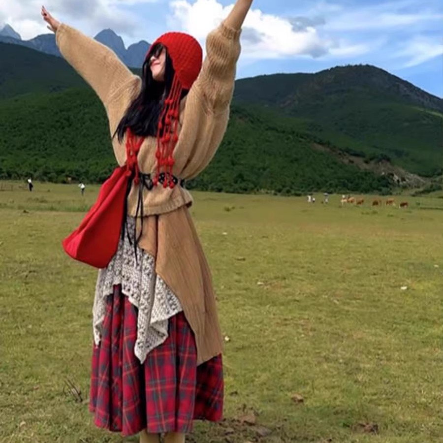 早秋旅游风针织毛衣半身裙两件套