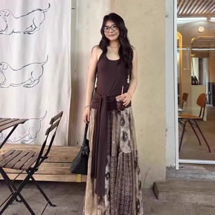 美拉德复古穿搭套装女夏季新款废土风挂脖背心民族风半身裙两件套