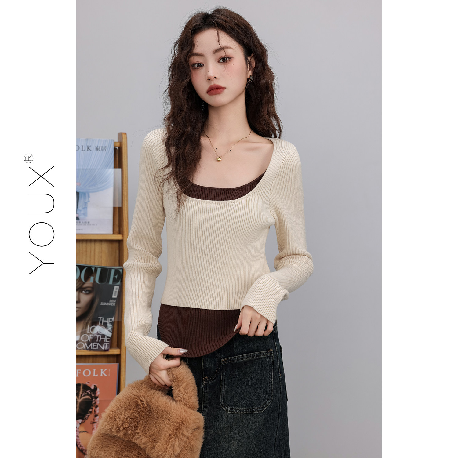 youx【半糖栗子奶】假两件针织衫女2023冬季复古拼接撞色方领上衣