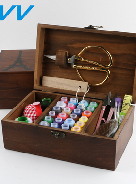 针线盒套装针线包家用复古缝纫线针线收纳盒十字绣工具实木针线盒