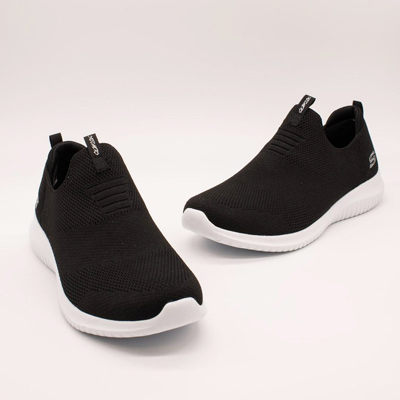 Skechers斯凯奇女款低帮平底黑网布一脚蹬运动休闲鞋 12837-BKW