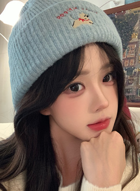 可爱小狗刺绣蓝色针织毛线帽女2025年新款秋冬季加厚保暖包头帽子