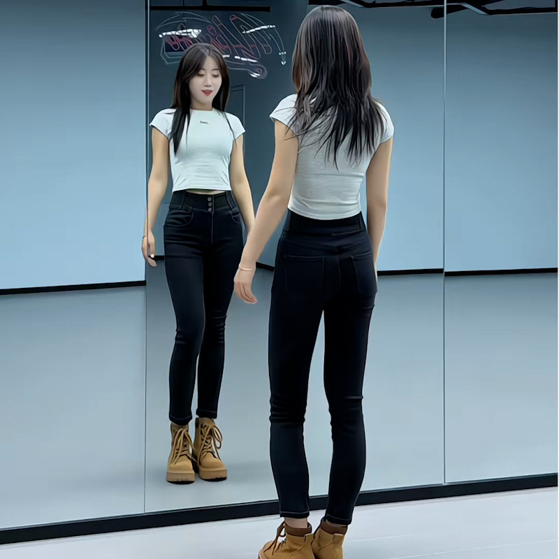 高腰排扣紧身小脚牛仔裤女辣妹黑色修身显瘦弹力提臀时尚铅笔裤