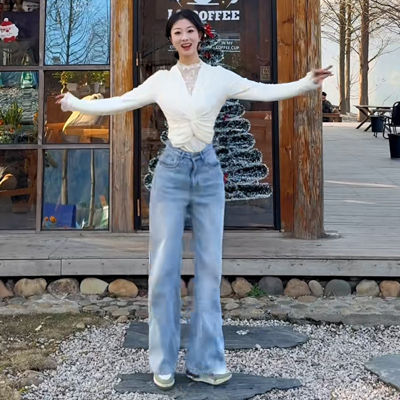 休闲风高腰直筒牛仔裤女宽松设计感阔腿裤蓝色长裤,女装/女士精品,牛仔裤,淘宝优惠券,粉丝福利购,淘宝优惠卷
