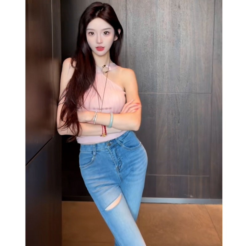高腰破洞牛仔裤女蓝色修身显瘦辣妹小脚裤春秋百搭时尚九分裤