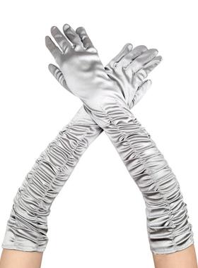加长款褶皱显瘦银灰色有指手套生日拍照新娘婚礼手套派对婚纱手套