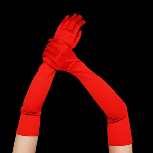 加长款 套舞台演出礼服弹力段手套 红色色丁包指手套新娘结婚缎面袖