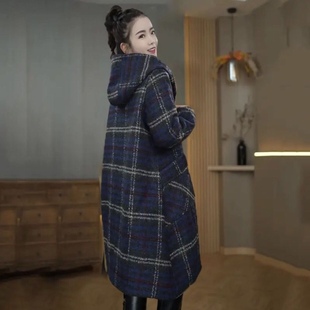 减龄格子气质连帽风衣外套女时尚秋冬新款显瘦高端中长款呢子大衣