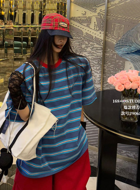 蓝色条纹圆领垫肩短袖T恤女宽松韩版中长款撞色设计感上衣ins潮牌
