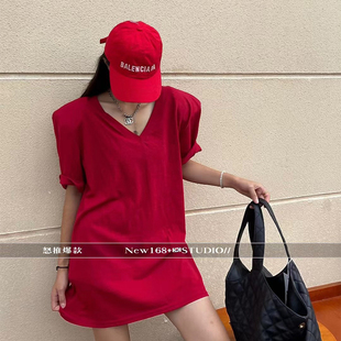 大领口v领垫肩短袖t恤女下装消失宽松韩版大码女装中长款纯色上衣