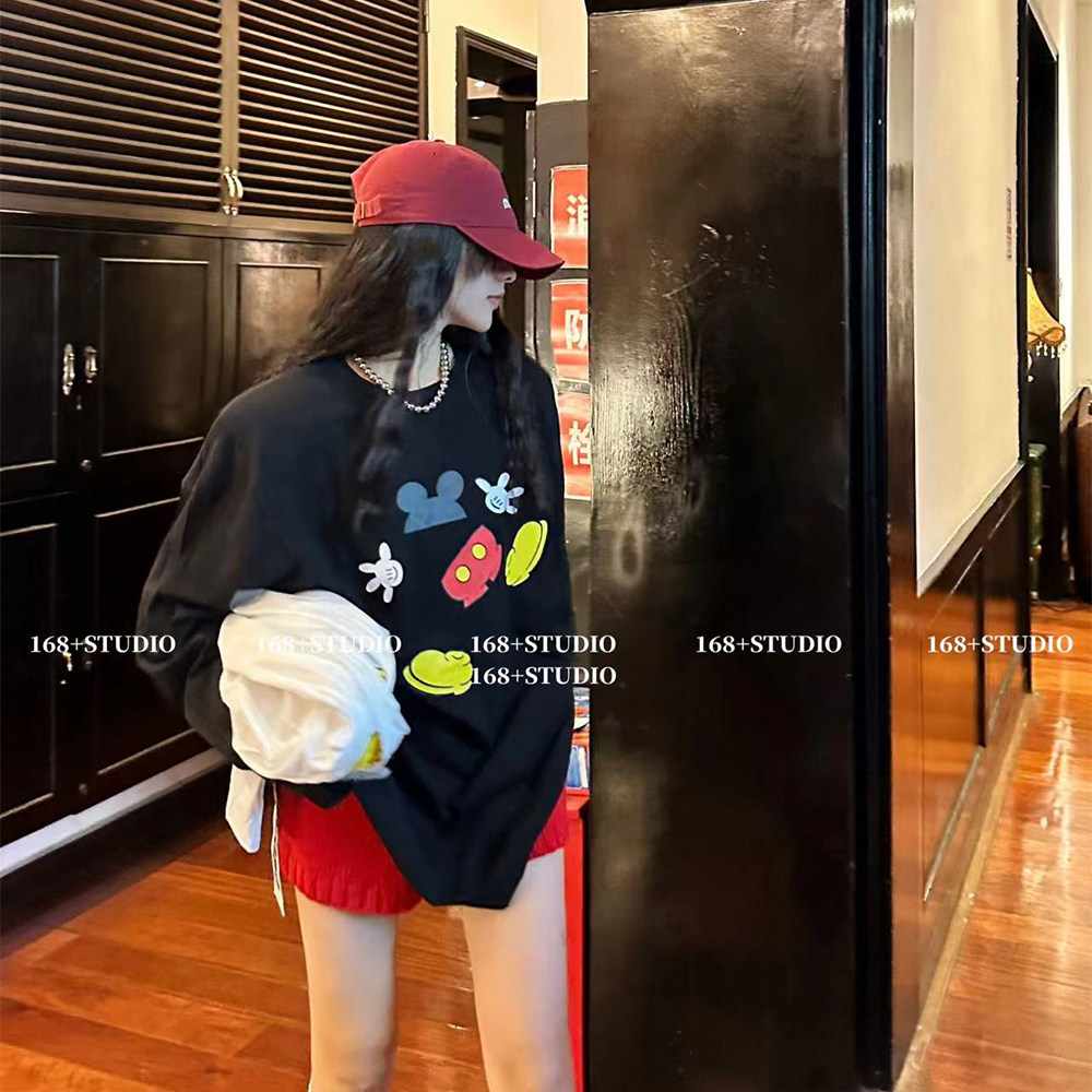 卡通米奇垫肩黑色打底衫女秋冬内搭长袖2025新款宽松大码百搭t恤