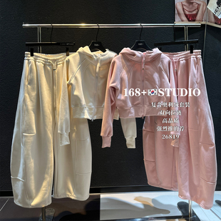 高腰短款连帽卫衣外套镰刀阔腿裤两件套女加绒加厚洋气纯色套装潮