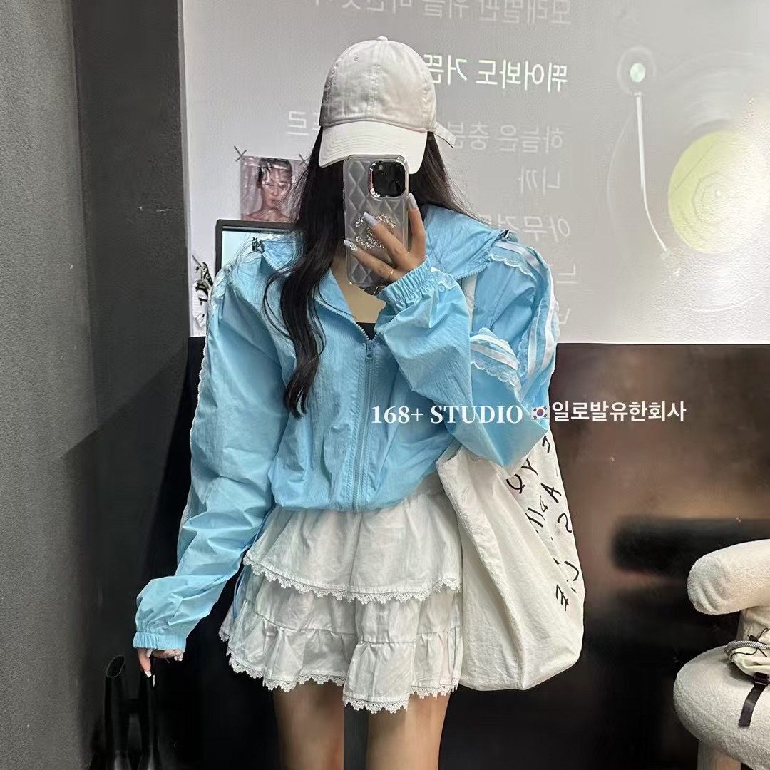 两条杠蕾丝边连帽短款棒球服拉链开衫外套女bf潮牌休闲上衣ins潮