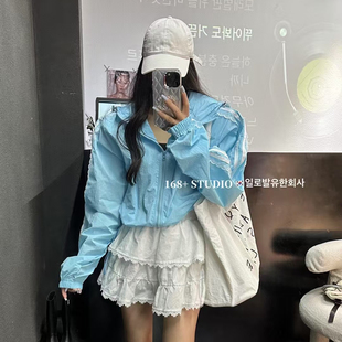 两条杠蕾丝边连帽短款棒球服拉链开衫外套女bf潮牌休闲上衣ins潮